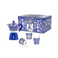 Bialetti Set Moka Express Blu Mediterraneo 6 Tz, 3 Bicchierini Di Porcellana E 3 Palettine Argentate