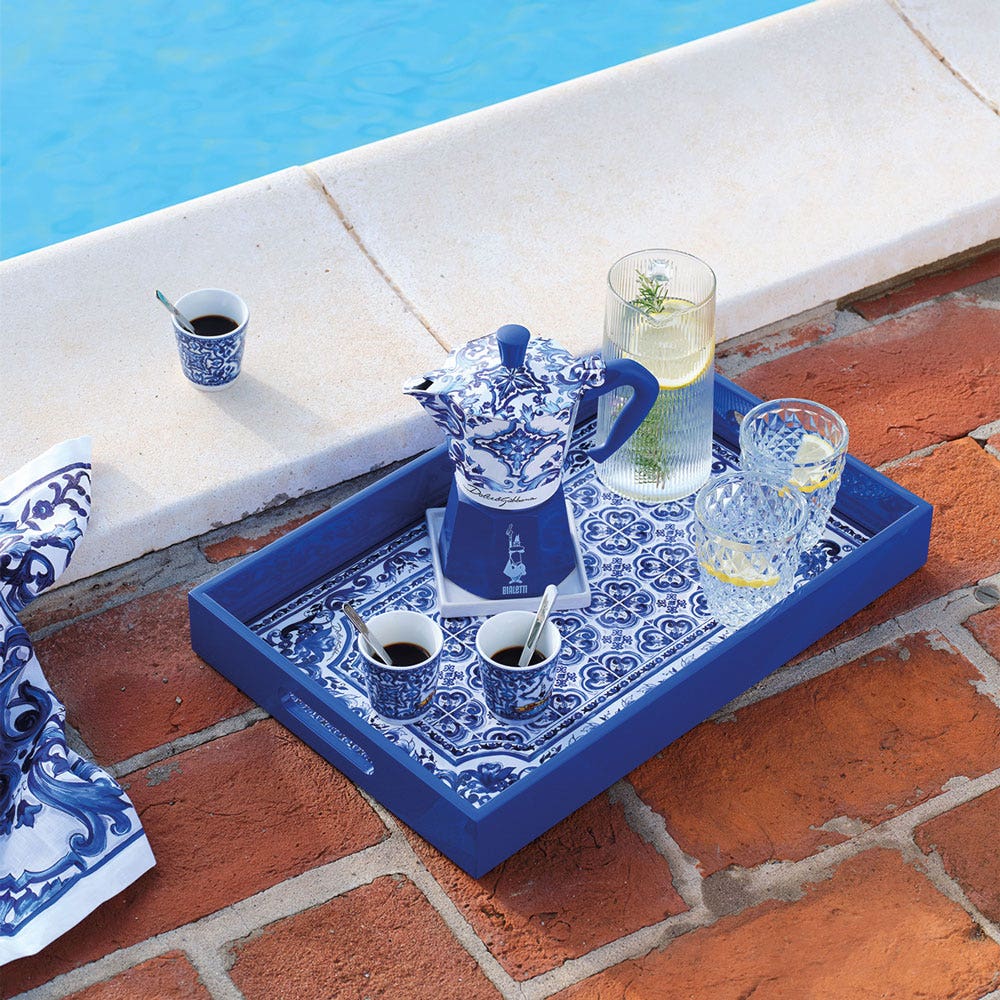 Bialetti Set Moka Express Blu Mediterraneo 3 Tz, 3 Bicchierini Di Porcellana E 3 Palettine Argentate - immagine 2
